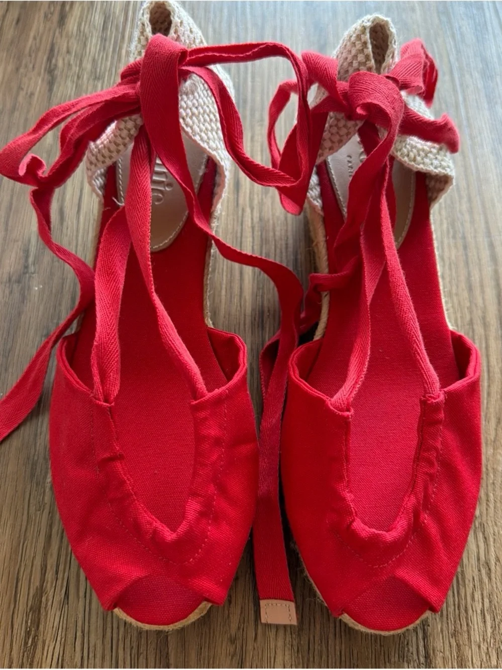 Rouje Paris Red Canvas Lace-Up Espadrille Wedges
